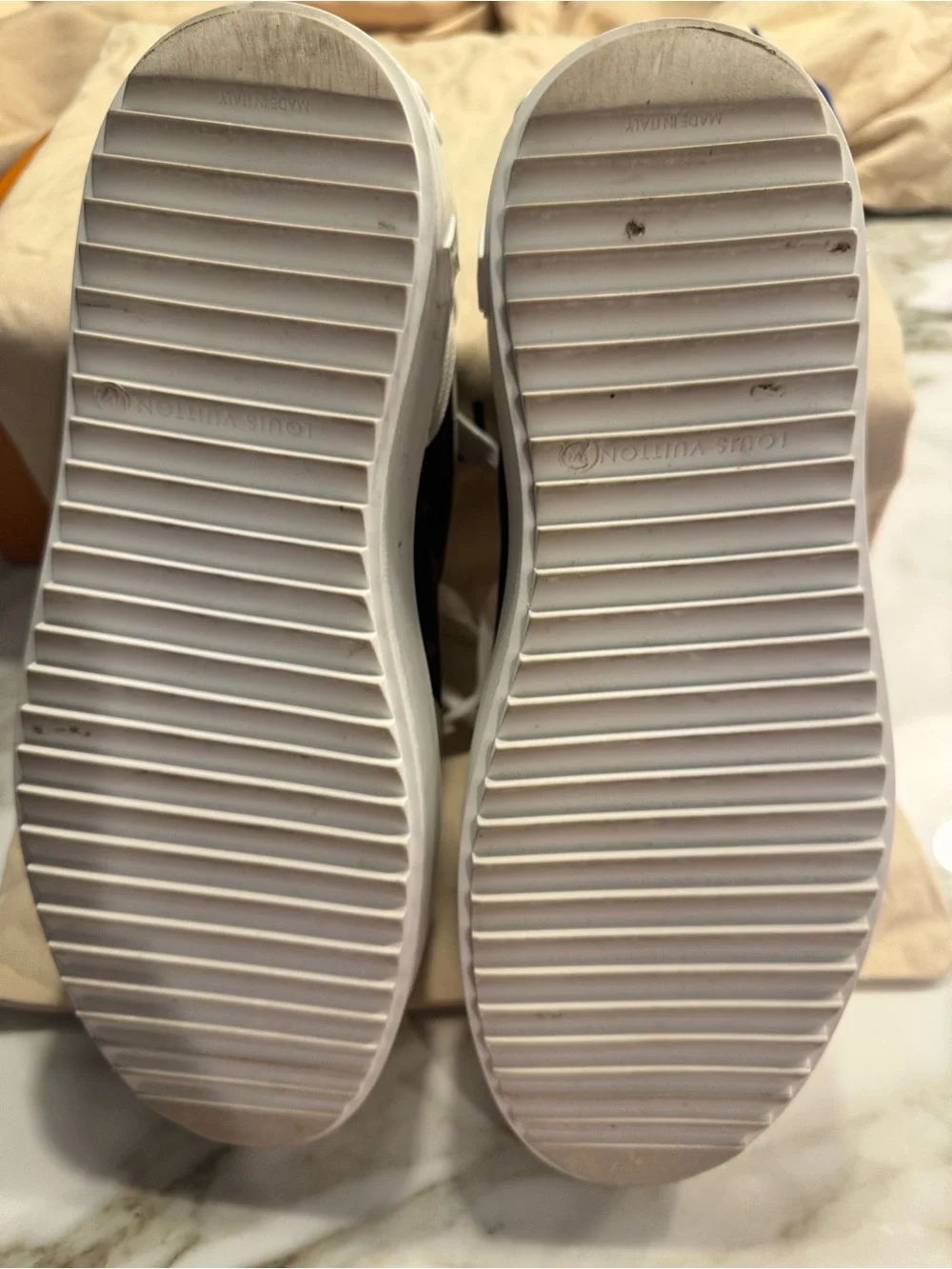Louis Vuitton White & Brown Monogram Low-Top Sneakers with Gold Accents - Picture 3 of 3